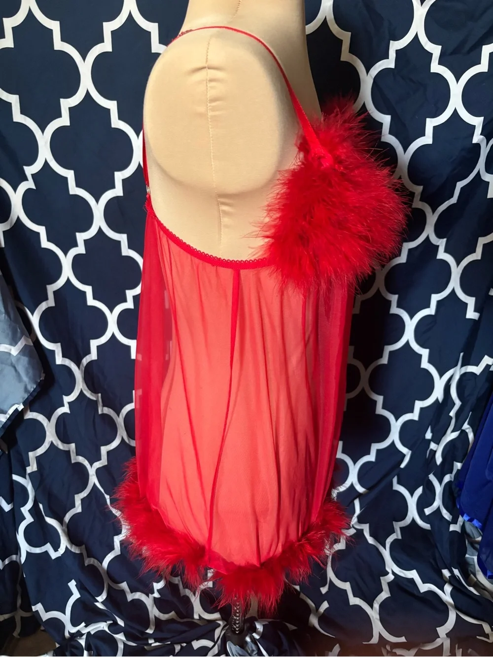 Elegant Moments Red Sheer Feather-Trim Babydoll Chemise
